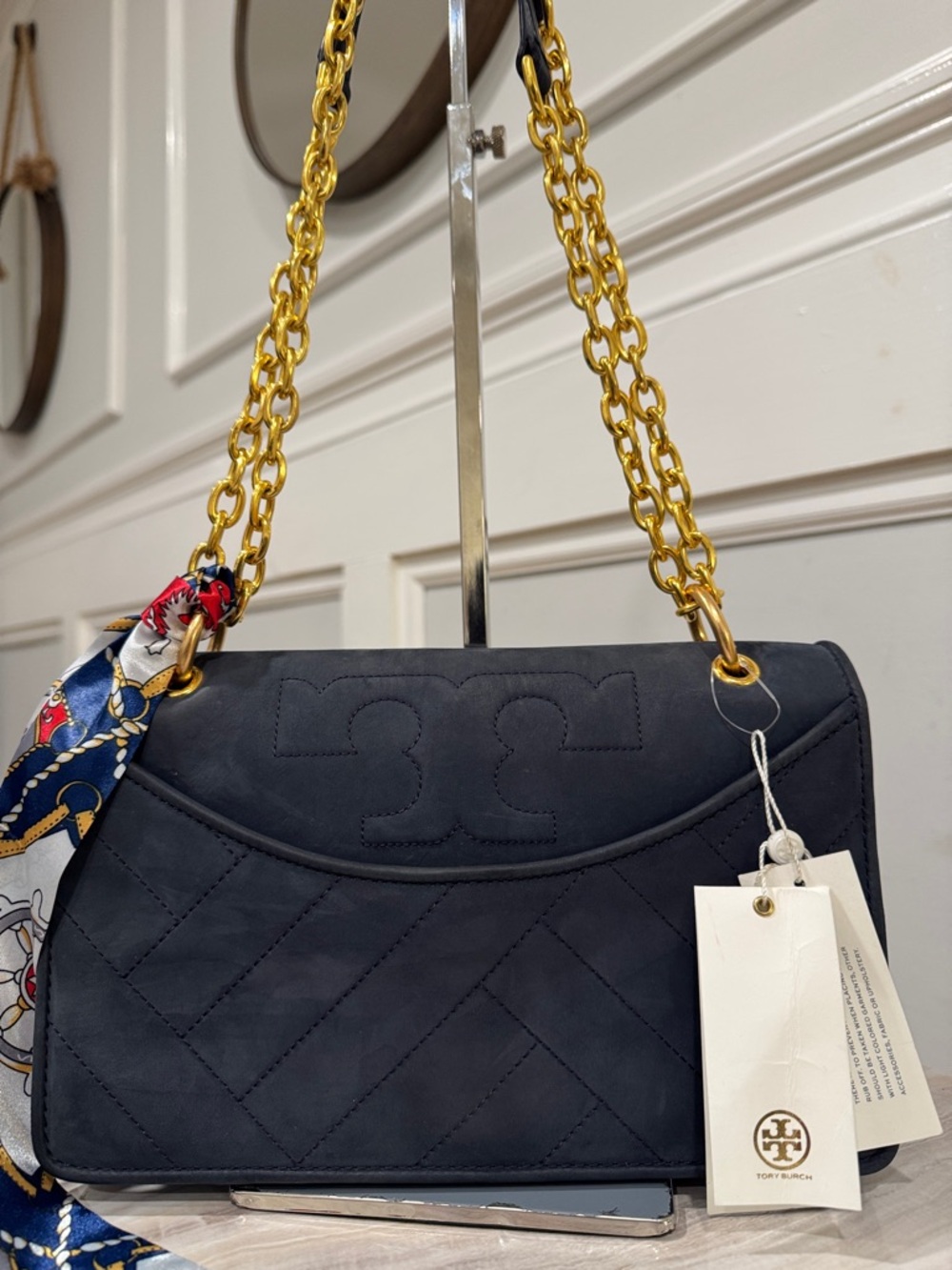 Tory Burch Bag Alexa Convertible Nubuck Suede Dark Navy Chevron Shoulder Bag - Picture 4 of 17